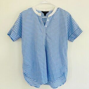 J. Crew Blue & White Striped Nautical Blouse | Short Sleeve V-Neck Top